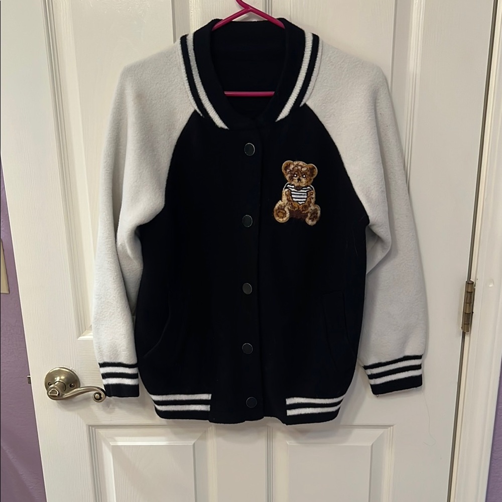Black and White Bomber Jacket with Teddy Bear Patch